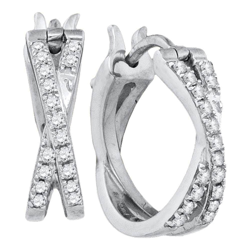 10kt White Gold Womens Round Pave-set Diamond Double Row Crossover Hoop Earrings 3/8 Cttw