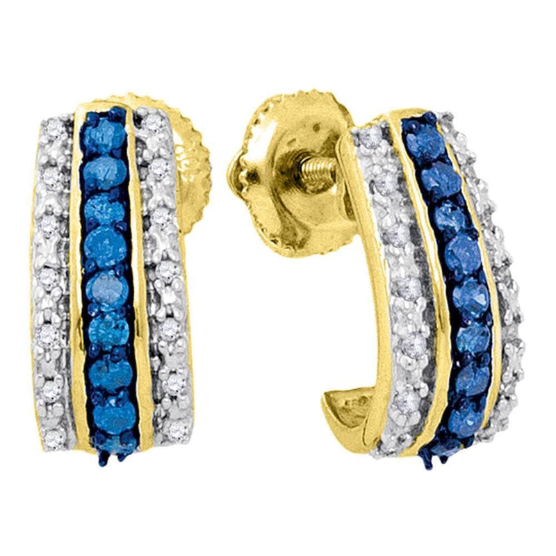 10kt Yellow Gold Womens Round Blue Color Enhanced Diamond Half J Hoop Earrings 1/3 Cttw