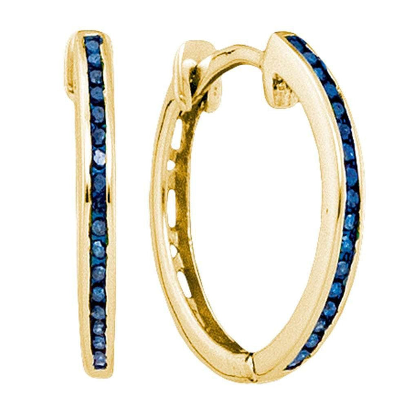 10kt Yellow Gold Womens Round Blue Color Enhanced Diamond Hoop Earrings 1/10 Cttw