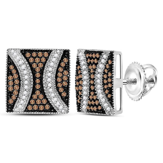 Sterling Silver Womens Round Brown Color Enhanced Diamond Square Cluster Earrings 1/2 Cttw