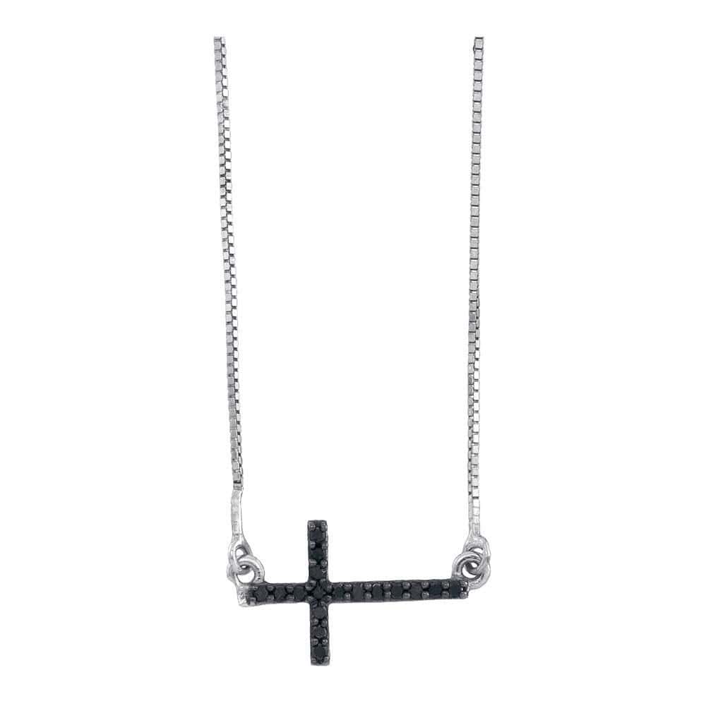 Sterling Silver Womens Round Black Color Enhanced Diamond Horizontal Cross Necklace 1/10 Cttw