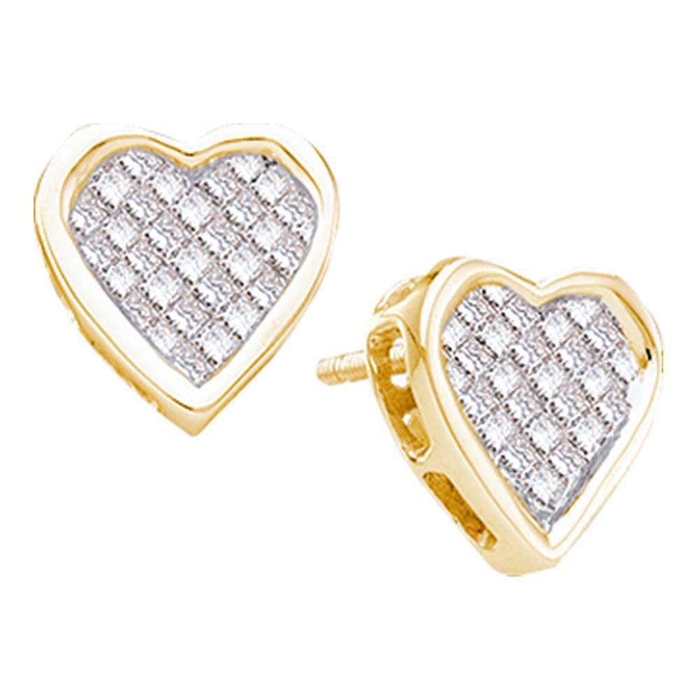 14kt Yellow Gold Womens Princess Diamond Cluster Heart Screwback Stud Earrings 1/2 Cttw