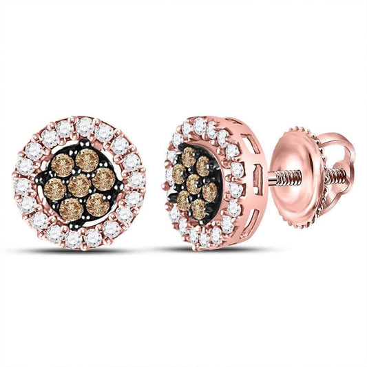 10kt Rose Gold Womens Round Brown Color Enhanced Diamond Flower Cluster Earrings 1/4 Cttw