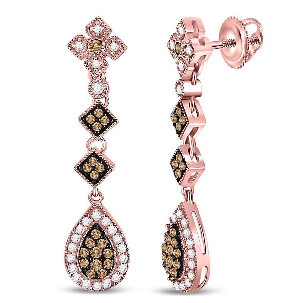 14kt Rose Gold Womens Round Brown Color Enhanced Diamond Dangle Earrings 7/8 Cttw
