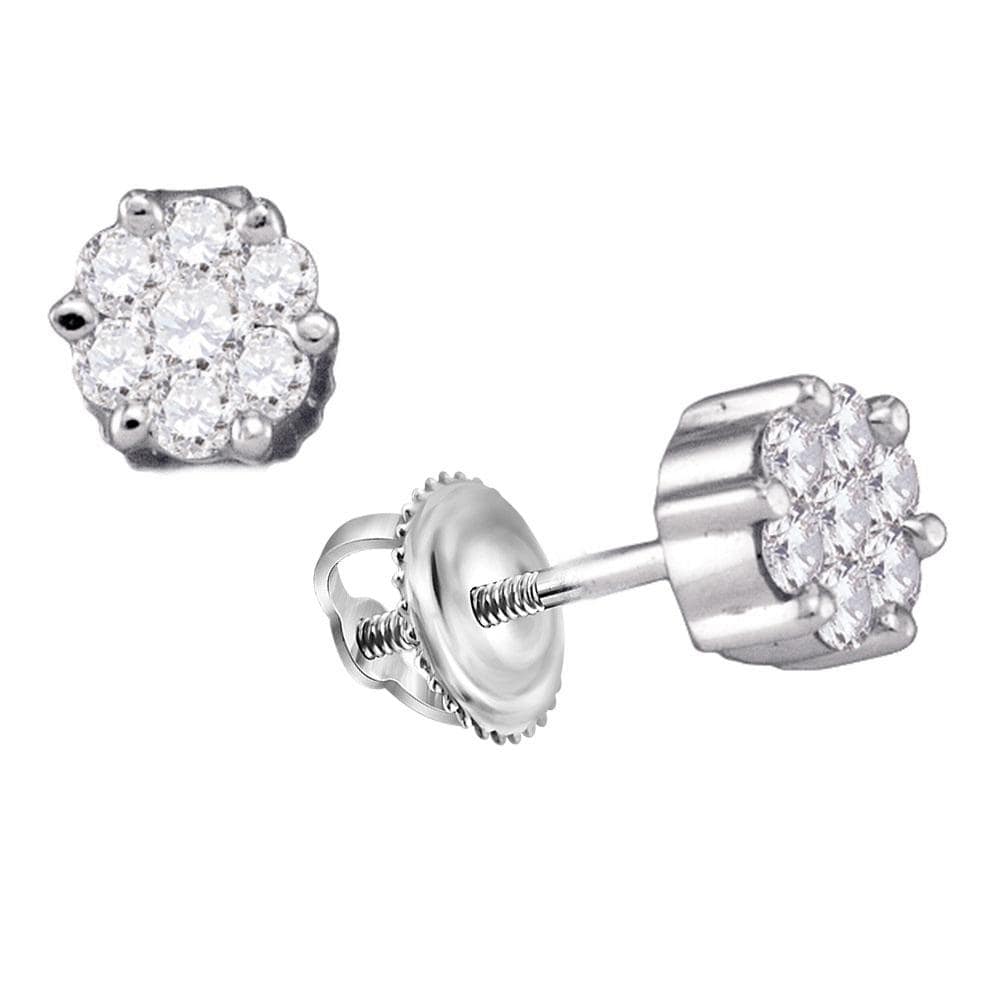 14k White Gold Round Diamond Flower Cluster Womens Screwback Stud Earrings 1/6 Cttw