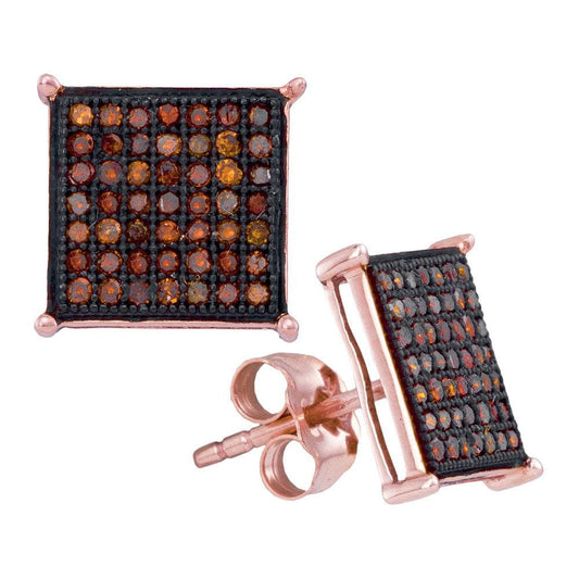 10kt Rose Gold Womens Round Red Color Enhanced Diamond Square Cluster Earrings 1/3 Cttw