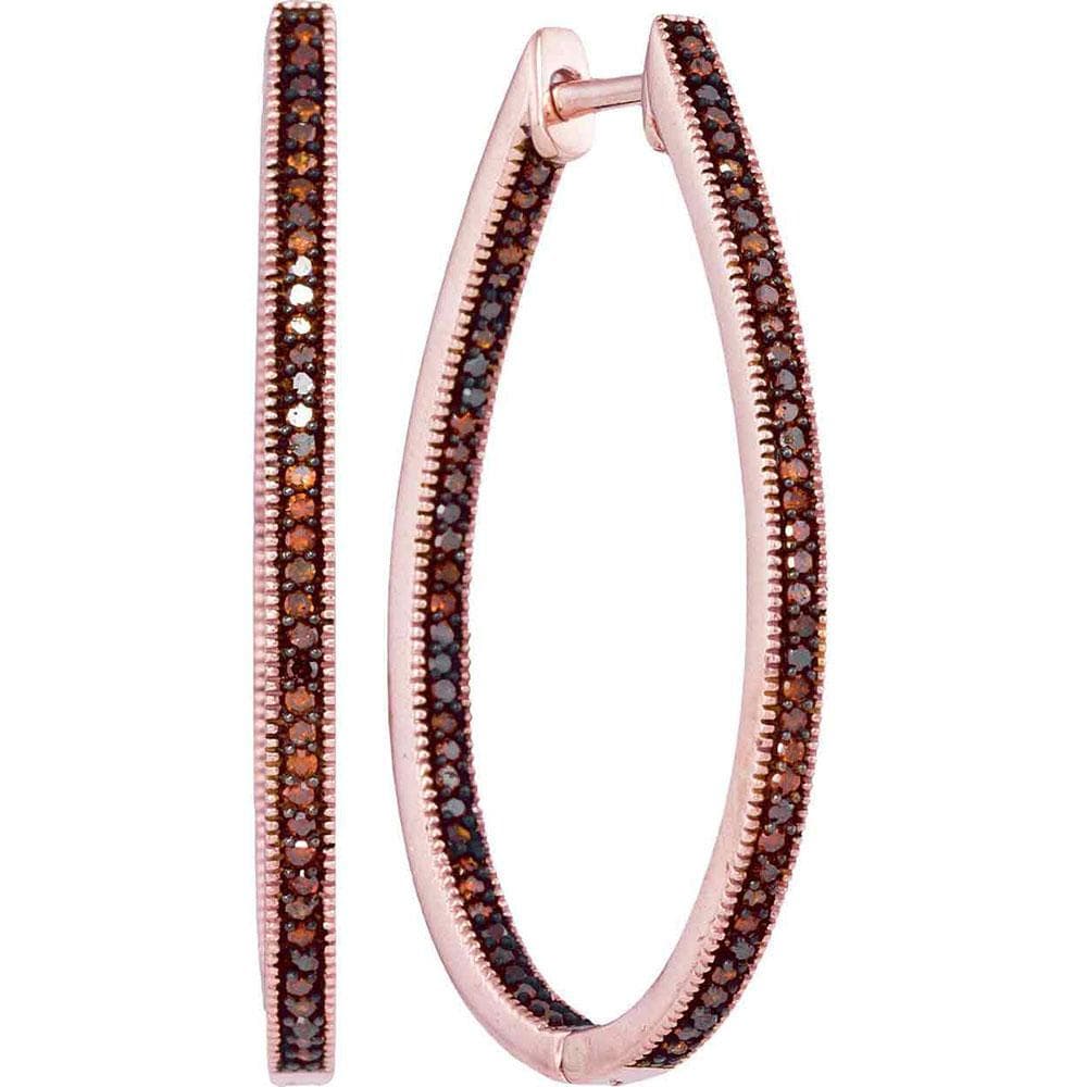 10kt Rose Gold Womens Round Red Color Enhanced Diamond Oval Hoop Earrings 1/2 Cttw