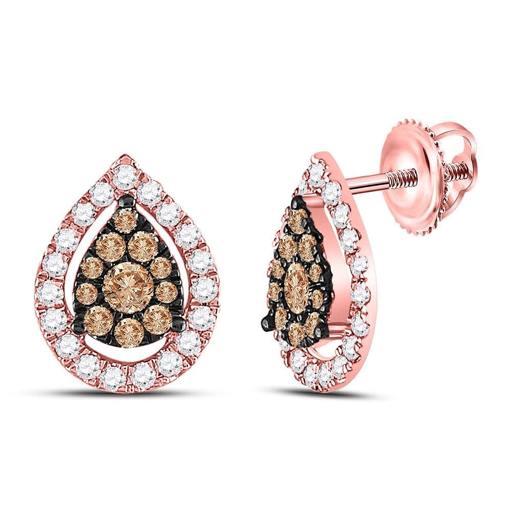 14kt Rose Gold Womens Round Brown Diamond Teardrop Cluster Earrings 3/4 Cttw