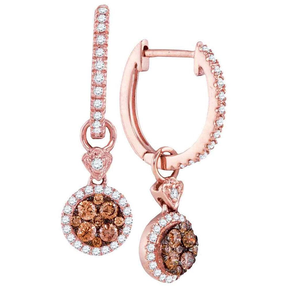 14kt Rose Gold Womens Round Brown Diamond Circle Dangle Earrings 1/2 Cttw