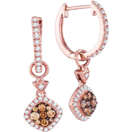 14kt Rose Gold Womens Round Cognac-brown Color Enhanced Diamond Hoop Square Dangle Earrings 1/2 Cttw