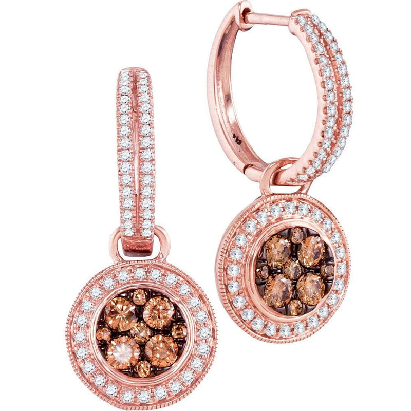 14kt Rose Gold Womens Round Cognac-brown Color Enhanced Diamond Circle Cluster Dangle Earrings 1.00 Cttw