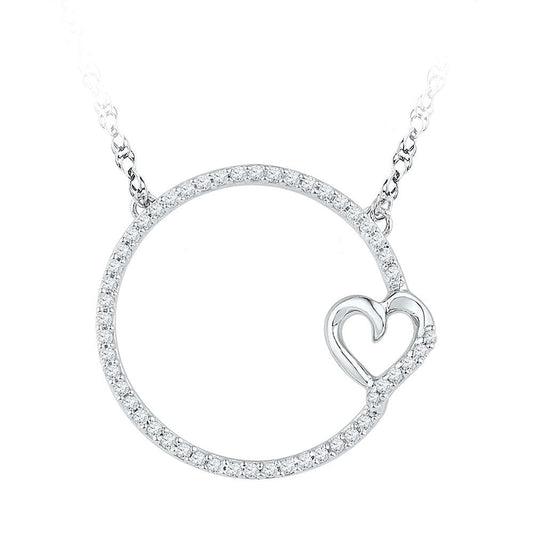 10K White Gold Womens Round Diamond Circle Heart Pendant Necklace 1/5 Cttw