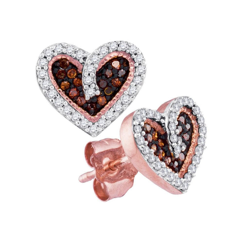 10kt Rose Gold Womens Round Red Color Enhanced Diamond Heart Stud Earrings 1/5 Cttw