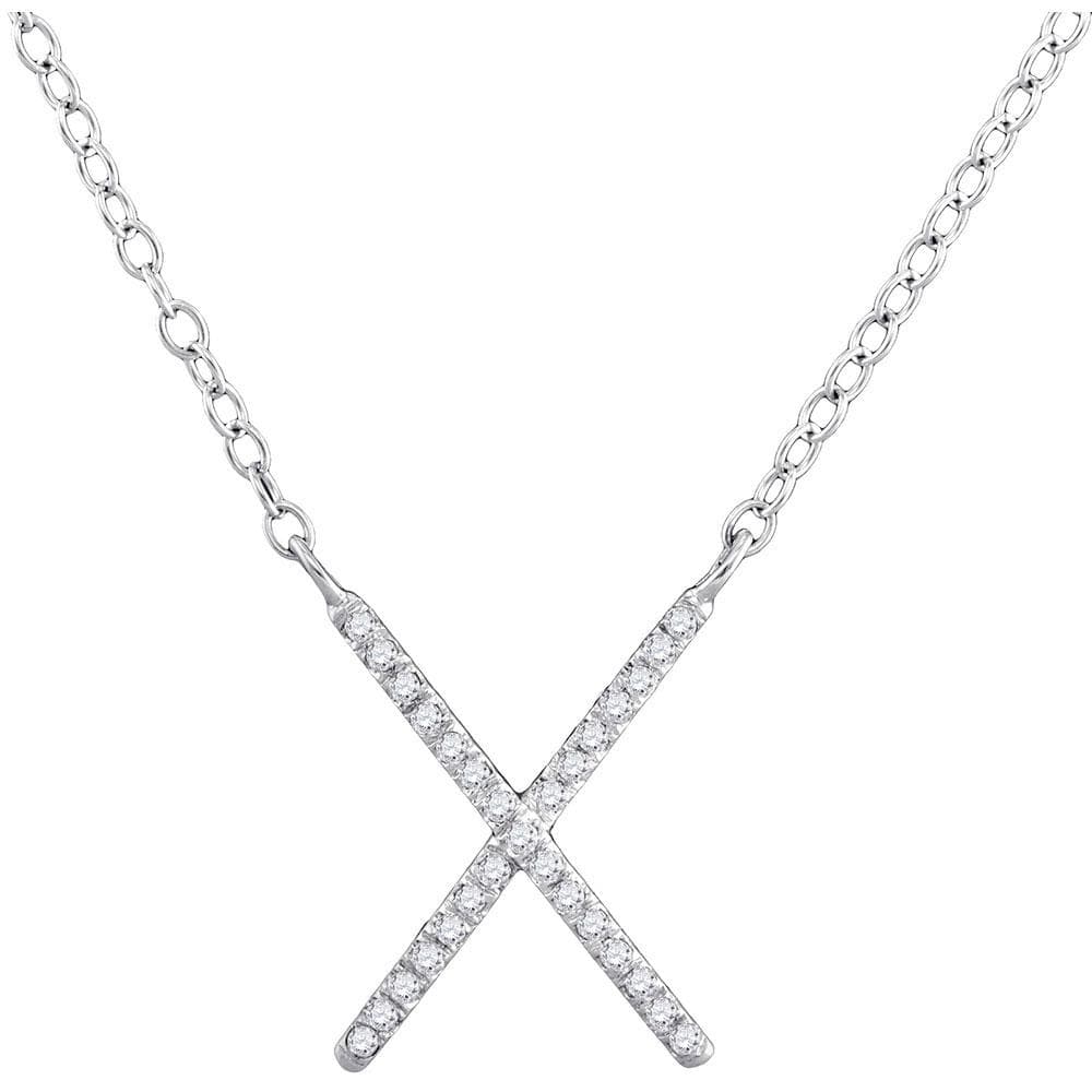 10K White Gold Womens Round Diamond Letter X Cross Pendant Necklace 1/10 Cttw