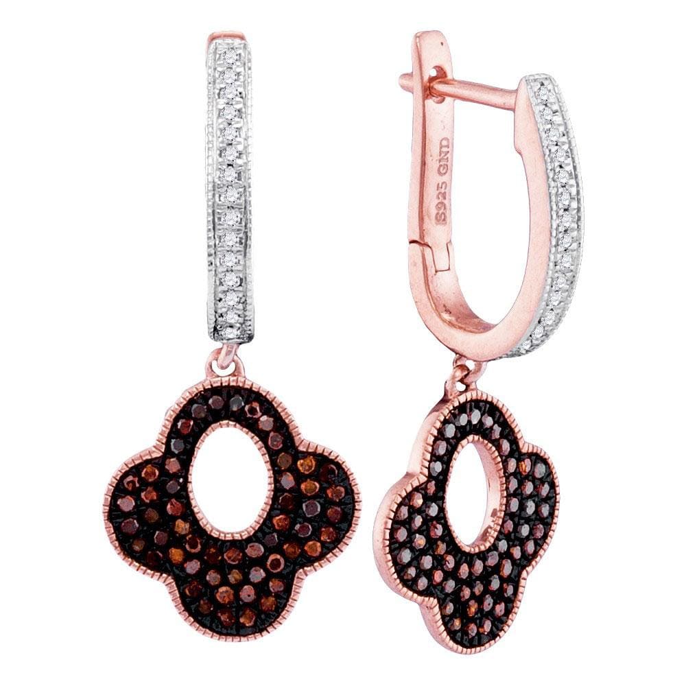 10kt Rose Gold Womens Round Red Color Enhanced Diamond Dangle Hoop Earrings 3/8 Cttw