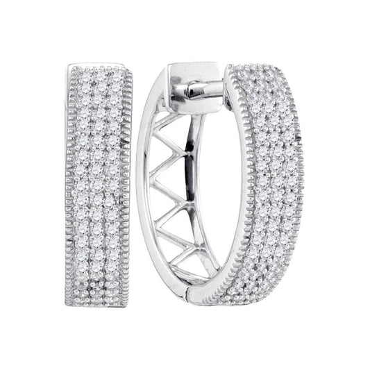 10kt White Gold Womens Round Diamond Triple Row Pave Hoop Earrings 1/3 Cttw