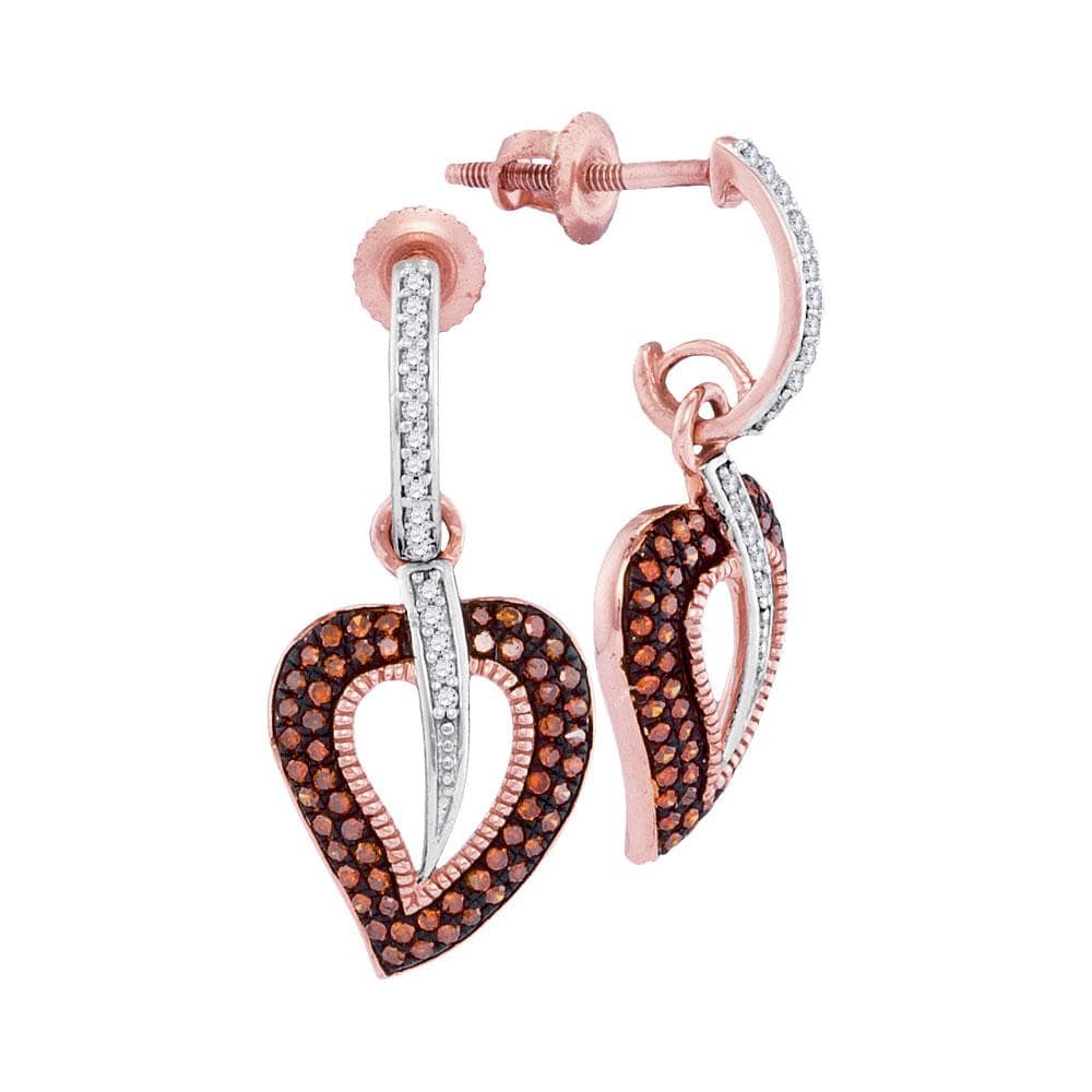 10kt Rose Gold Womens Round Red Color Enhanced Diamond Heart Dangle Screwback Earrings 3/8 Cttw