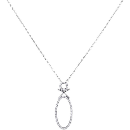 10K White Gold Womens Round Diamond Vertical Oval Pendant Necklace 1/6 Cttw