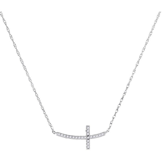 10K White Gold Womens Round Diamond Small Horizontal Cross Pendant Necklace 1/20 Cttw