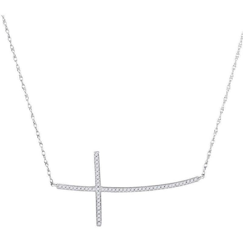 10K White Gold Womens Round Diamond Horizontal Curved Cross Pendant Necklace 1/6 Cttw