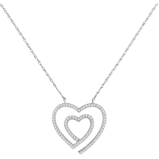 10K White Gold Womens Round Diamond Double Heart Pendant Necklace 1/5 Cttw