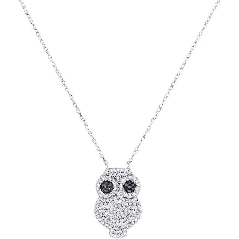 10K White Gold Womens Round Black Color Enhanced Diamond Owl Bird Pendant Necklace 3/8 Cttw