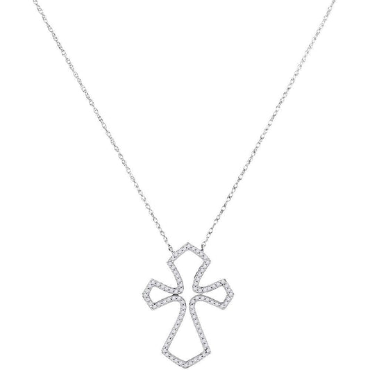 10K White Gold Womens Round Diamond Flared Cross Pendant Necklace 1/4 Cttw