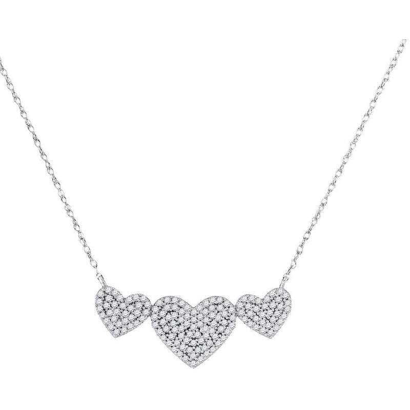 10K White Gold Womens Round Diamond Triple Heart Cluster Pendant Necklace 3/8 Cttw