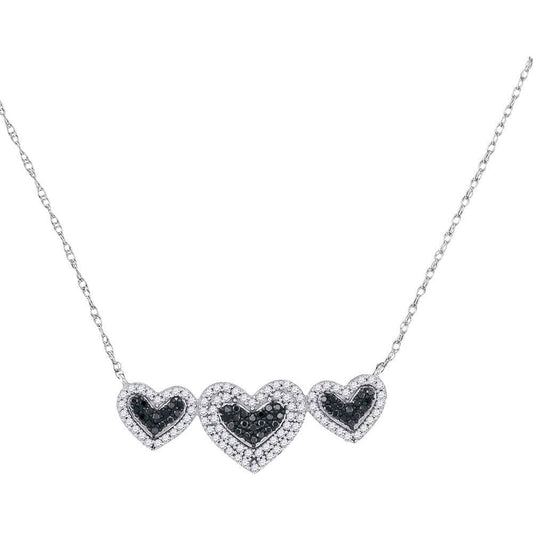 10K White Gold Womens Round Black Color Enhanced Diamond Triple Framed Heart Pendant Necklace 3/8 Cttw