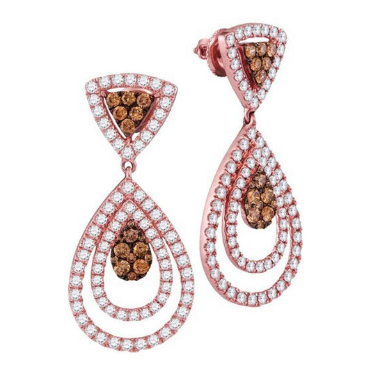 14kt Rose Gold Womens Round Brown Color Enhanced Diamond Teardrop Dangle Earrings 2-1/2 Cttw