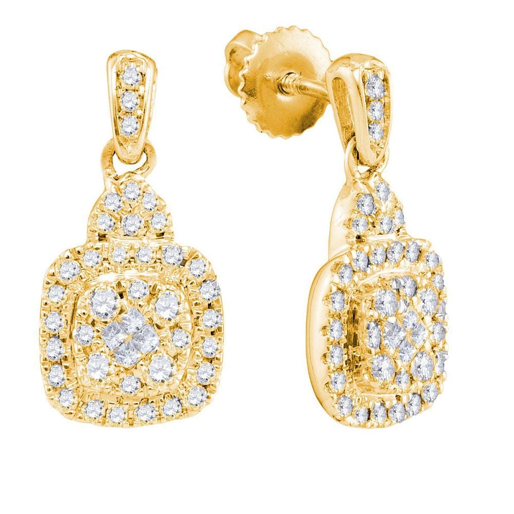 14kt Yellow Gold Womens Princess Round Diamond Soleil Square Dangle Earrings 1/2 Cttw