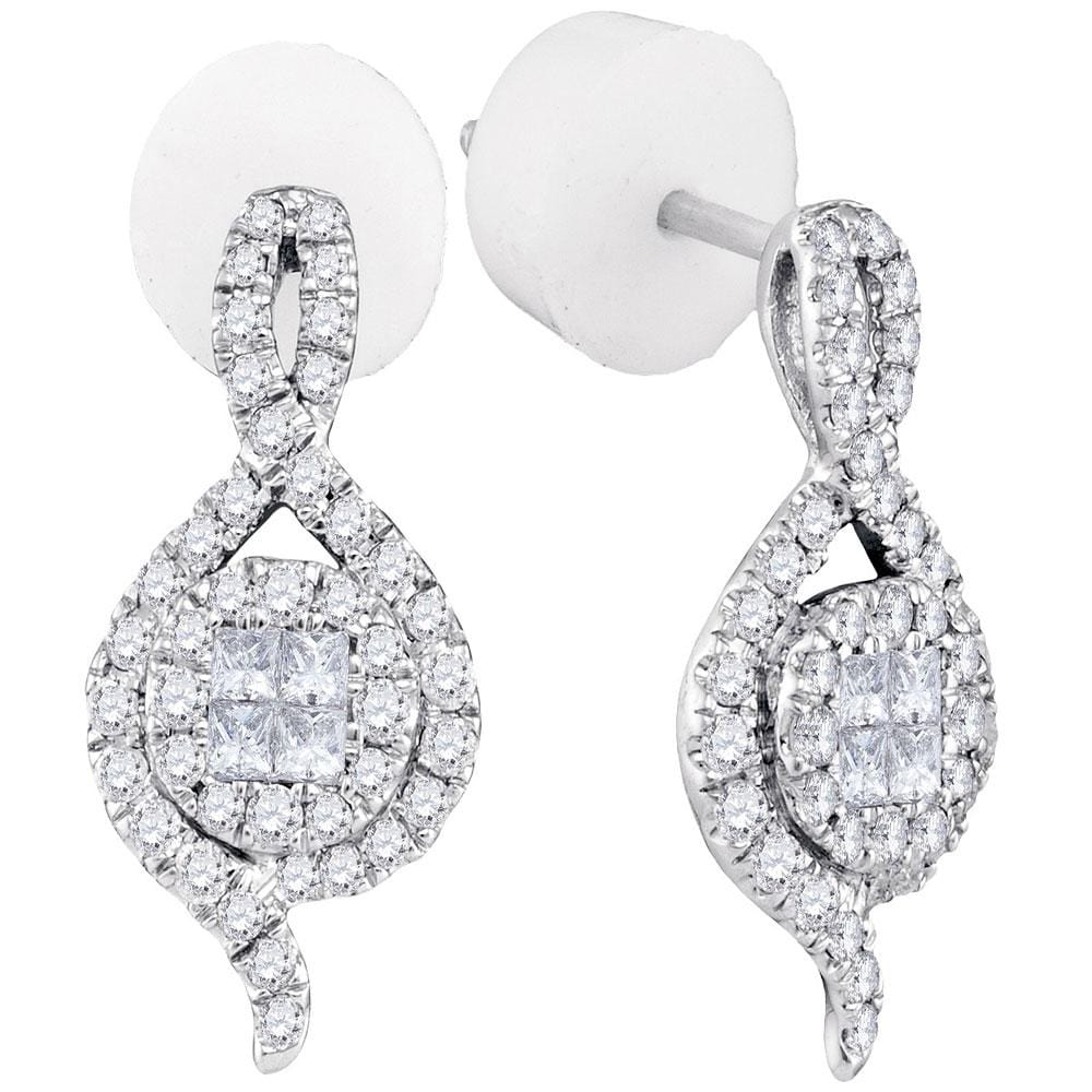 14kt White Gold Womens Princess Round Diamond Soleil Spade Cluster Earrings 1/2 Cttw