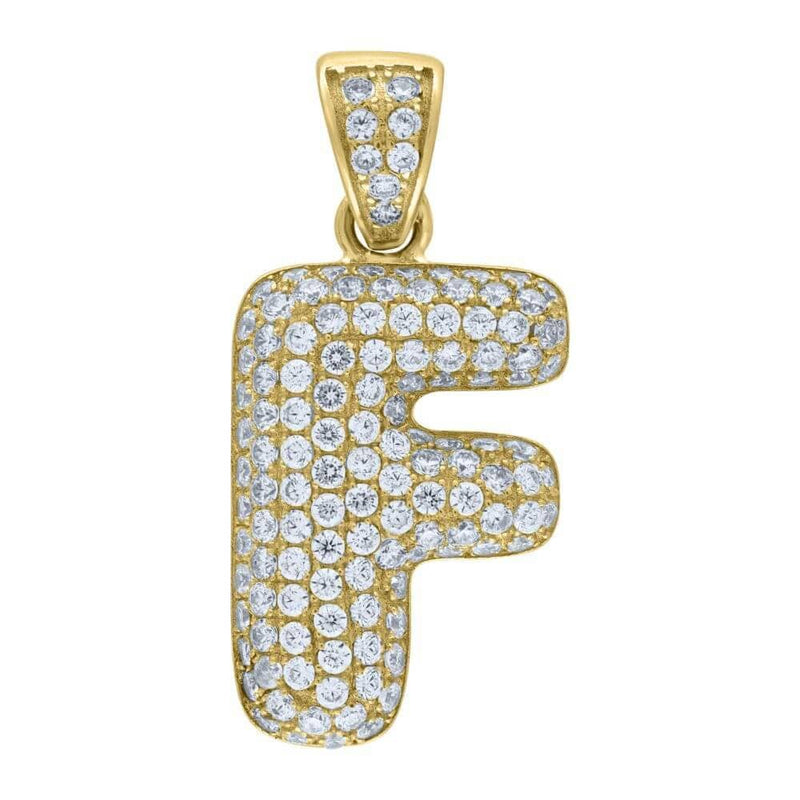 10K Yellow Gold Iced Out CZ Bubble Initial Letter "F" Charm Pendant 3.1 Grams