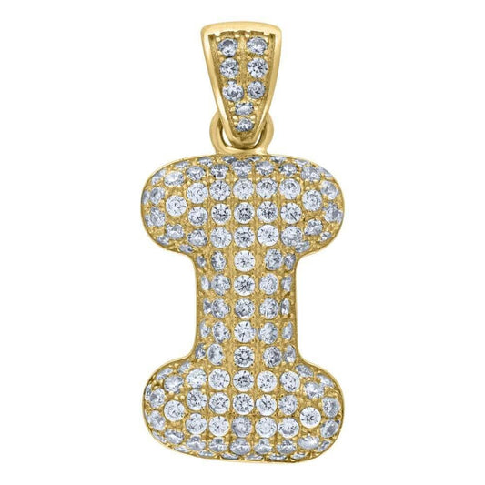 10K Yellow Gold Iced Out CZ Bubble Initial Letter "I" Charm Pendant 2.9 Grams