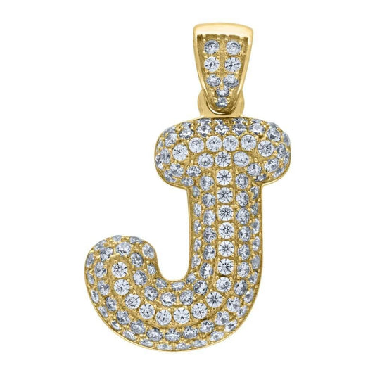 10K Yellow Gold Iced Out CZ Bubble Initial Letter "J" Charm Pendant 3.1 Grams