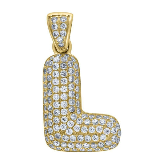 10K Yellow Gold Iced Out CZ Bubble Initial Letter "L" Charm Pendant 3 Grams