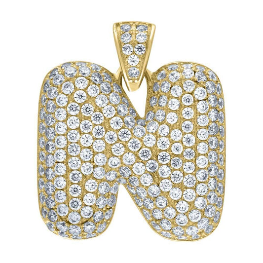 10K Yellow Gold Iced Out CZ Bubble Initial Letter "N" Charm Pendant 5.4 Grams