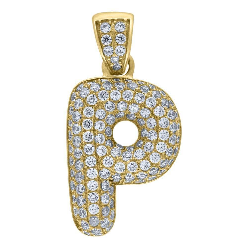 10K Yellow Gold Iced Out CZ Bubble Initial Letter "P" Charm Pendant 3.2 Grams
