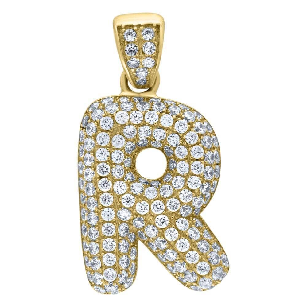 10K Yellow Gold Iced Out CZ Bubble Initial Letter "R" Charm Pendant 3.7 Grams