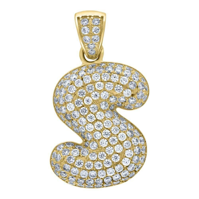 10K Yellow Gold Iced Out CZ Bubble Initial Letter "S" Charm Pendant 3.8 Grams