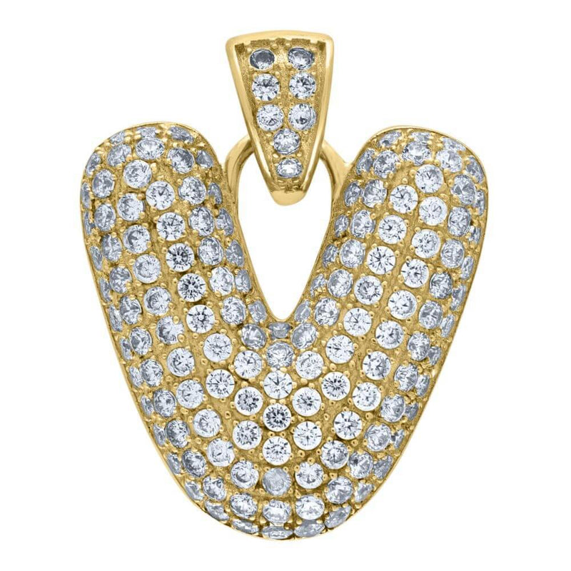10K Yellow Gold Iced Out CZ Bubble Initial Letter "V" Charm Pendant 3.6 Grams
