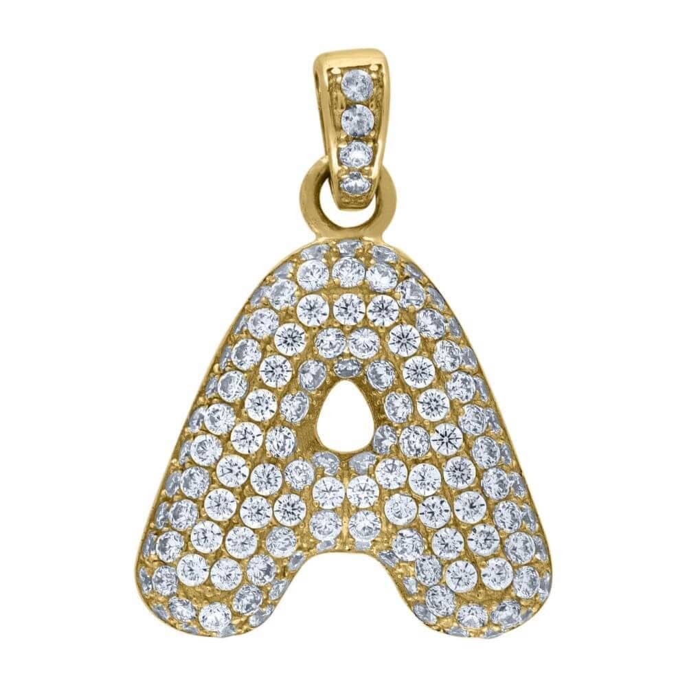 10K Yellow Gold Iced Out CZ Bubble Initial Letter "A" Charm Pendant 2 Grams
