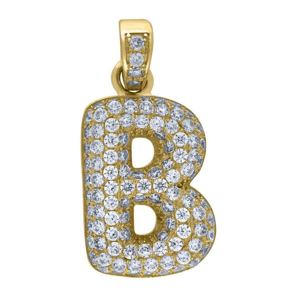 10K Yellow Gold Iced Out CZ Bubble Initial Letter "B" Charm Pendant 2.1 Grams