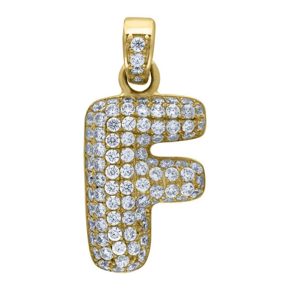 10K Yellow Gold Iced Out CZ Bubble Initial Letter "F" Charm Pendant 1.8 Grams