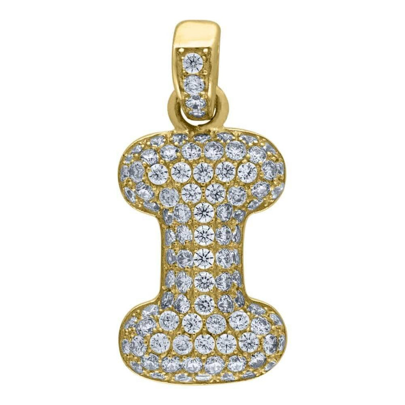 10K Yellow Gold Iced Out CZ Bubble Initial Letter "I" Charm Pendant 1.7 Grams