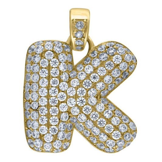 10K Yellow Gold Iced Out CZ Bubble Initial Letter "K" Charm Pendant 2.7 Grams