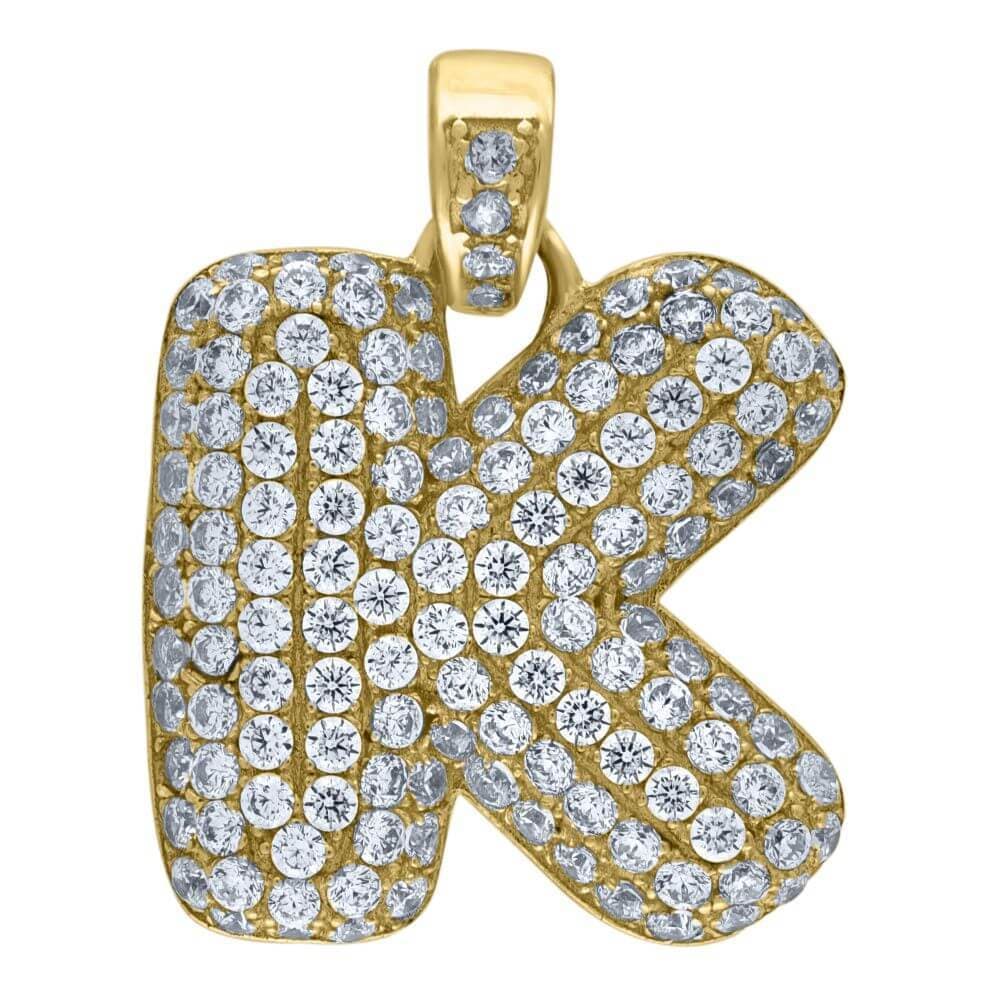 10K Yellow Gold Iced Out CZ Bubble Initial Letter "K" Charm Pendant 4.6 Grams