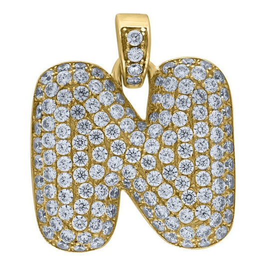 10K Yellow Gold Iced Out CZ Bubble Initial Letter "N" Charm Pendant 2.7 Grams