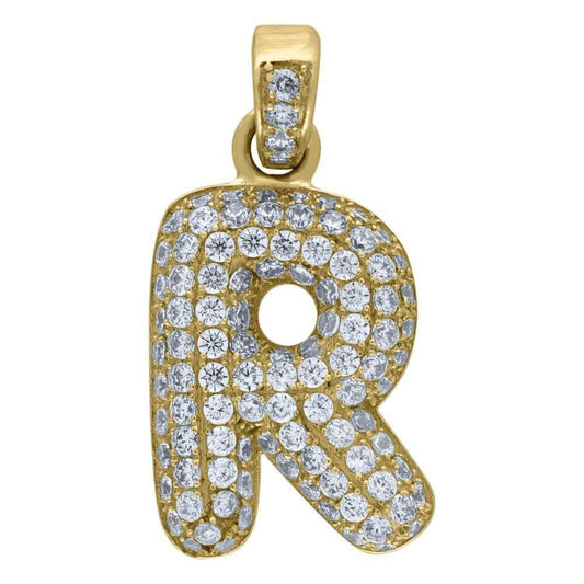 10K Yellow Gold Iced Out CZ Bubble Initial Letter "R" Charm Pendant 2.1 Grams