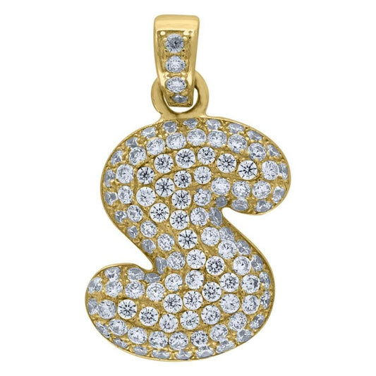 10K Yellow Gold Iced Out CZ Bubble Initial Letter "S" Charm Pendant 2.2 Grams